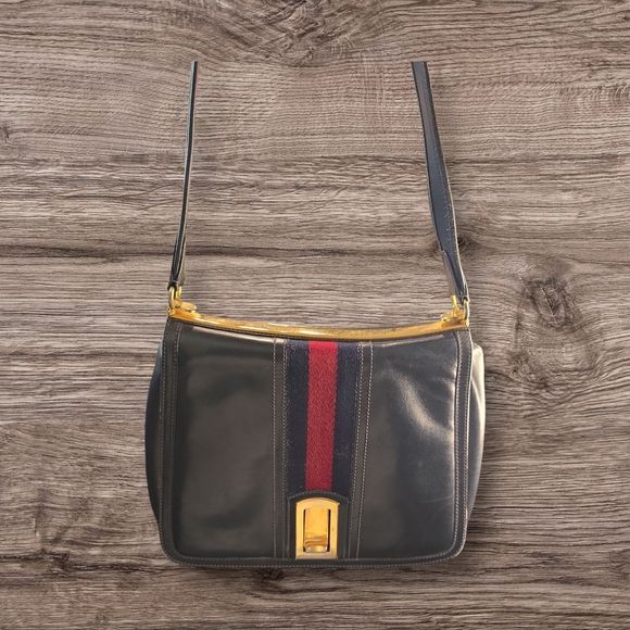 Vintage Sherry Line Gucci Black and Gold Tote Bag with Red Stripe - Picture 1 of 4